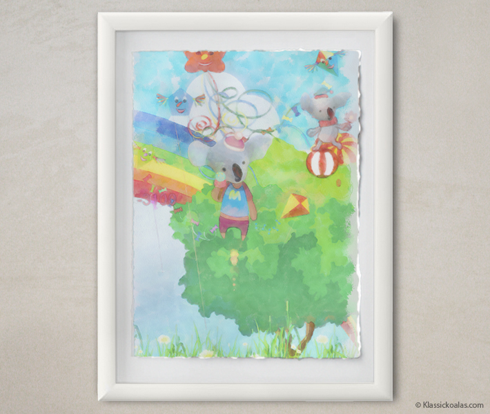Happy Koalas Watercolor Pastel Painting 12-by-16 Inches White Frame 2