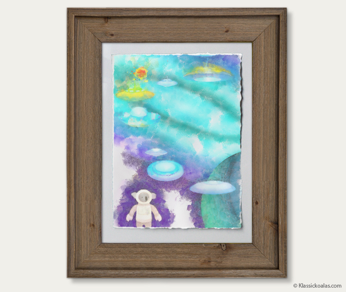 Space Koalas Watercolor Pastel Painting 12-by-16 Inches Barnwood Frame 12